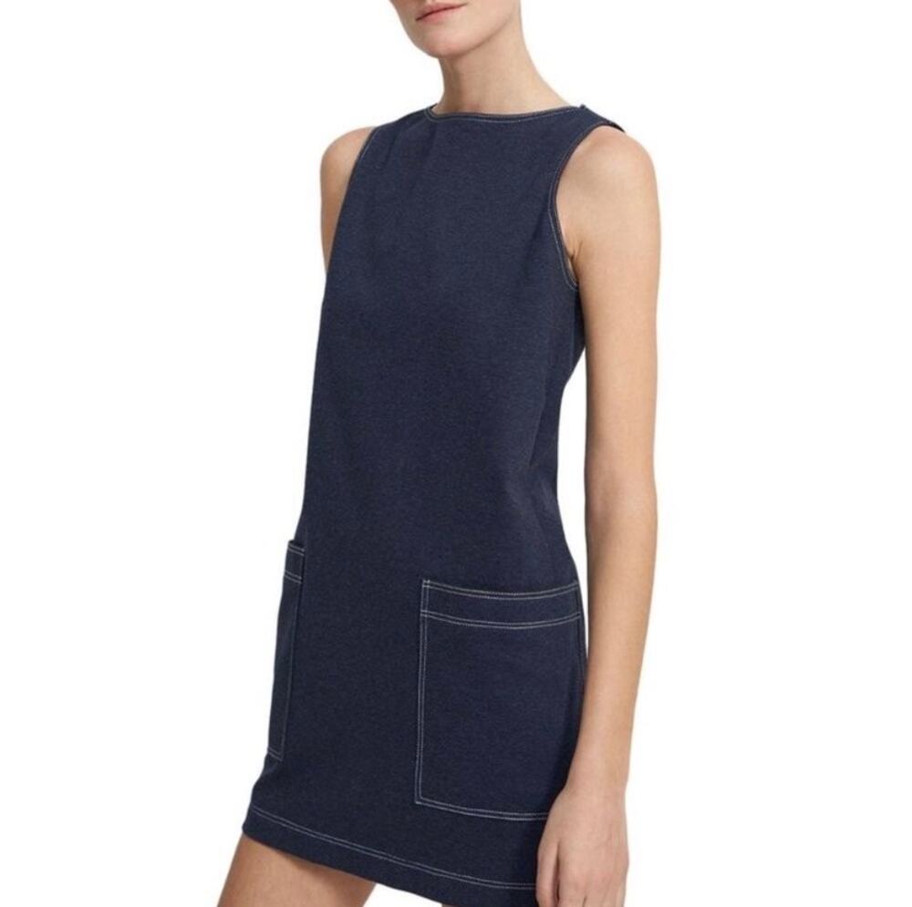 Theory Mod Denim Knit Shift Mini Dress US 2 Blue Classic Preppy Quiet Luxury